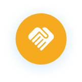 Handshake icon on orange circle background.
