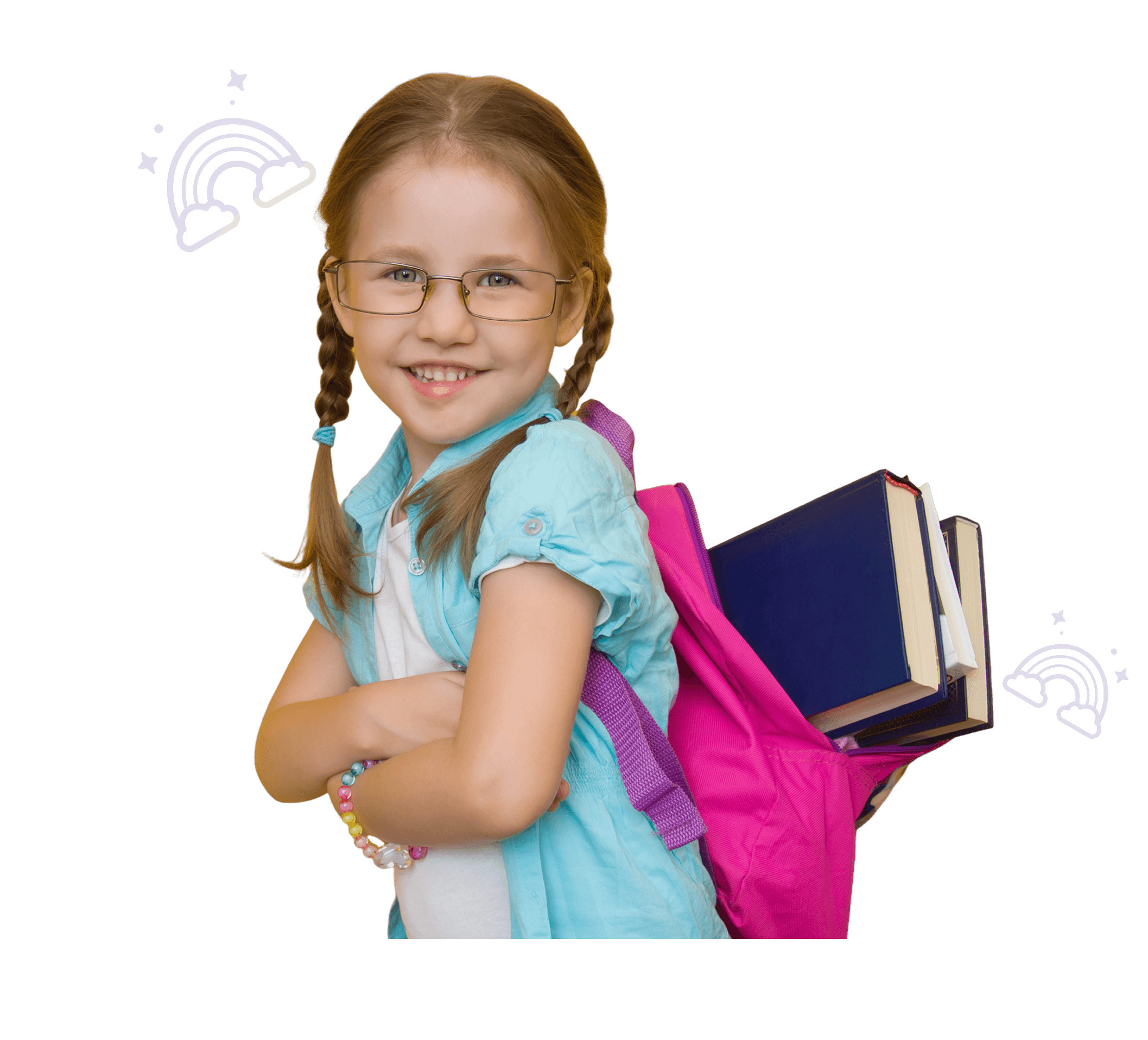 Girl with glasses, backpack, and books smiling.